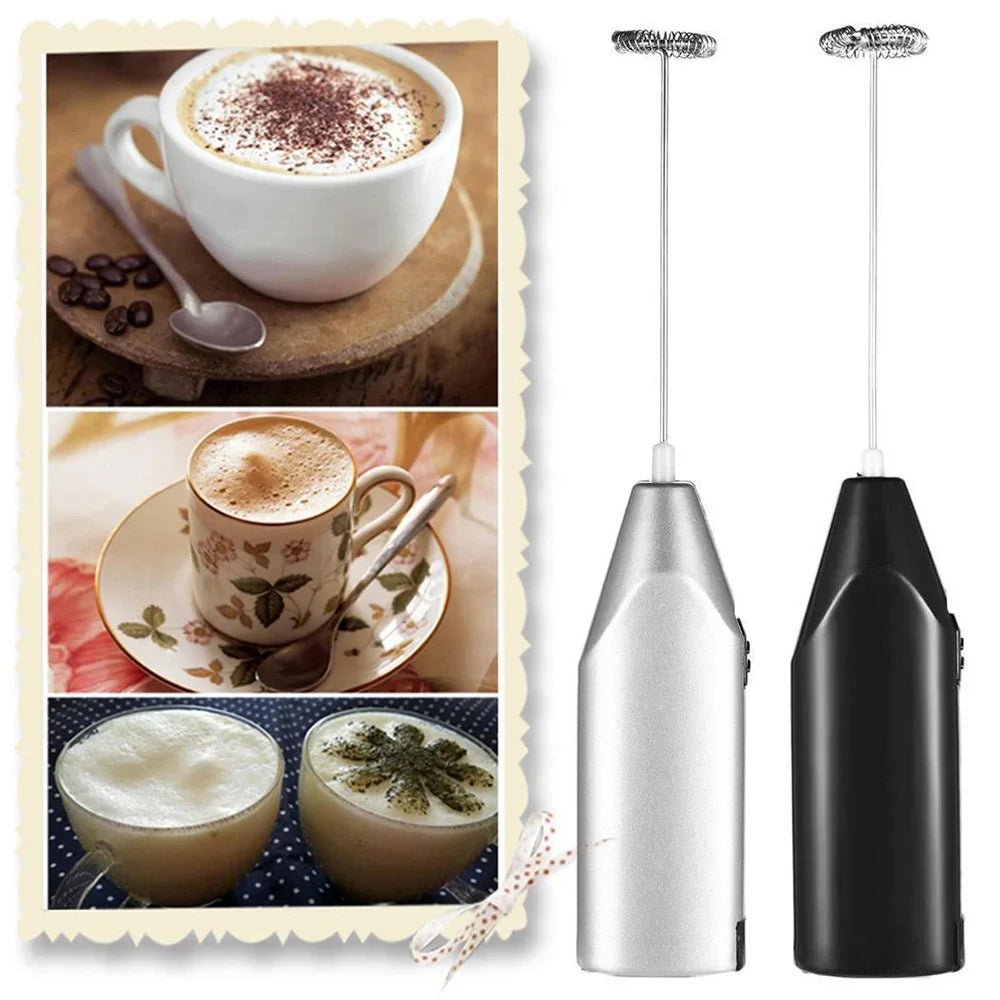 Automatic electric milk frother and whisk mixer in stainless steel.