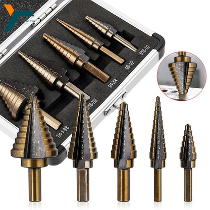 HSS 4241 cobalt step drill set with 50 sizes in an aluminum case