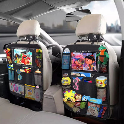 Car back seat organizer with touch screen tablet holder, waterproof and adjustable.