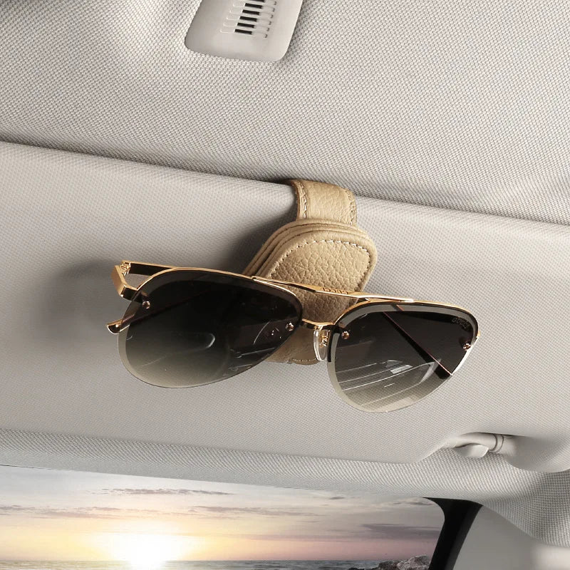 Hanging Protective Car Glasses Holder - Magnetic Sunglasses Clip PU Leather