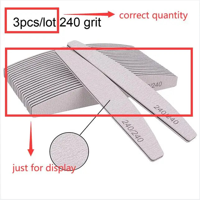 Set of 5 or 10 half-moon shaped professional nail files with 100/180 grit, perfect for shaping and smoothing nails.