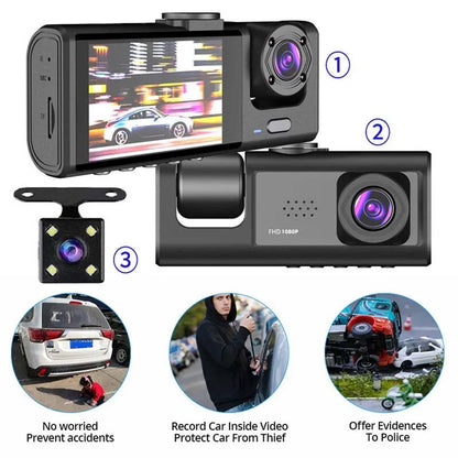 Baideluo Dash Cam with IR Night Vision, 1080P, 3 Cameras & 2" IPS Screen