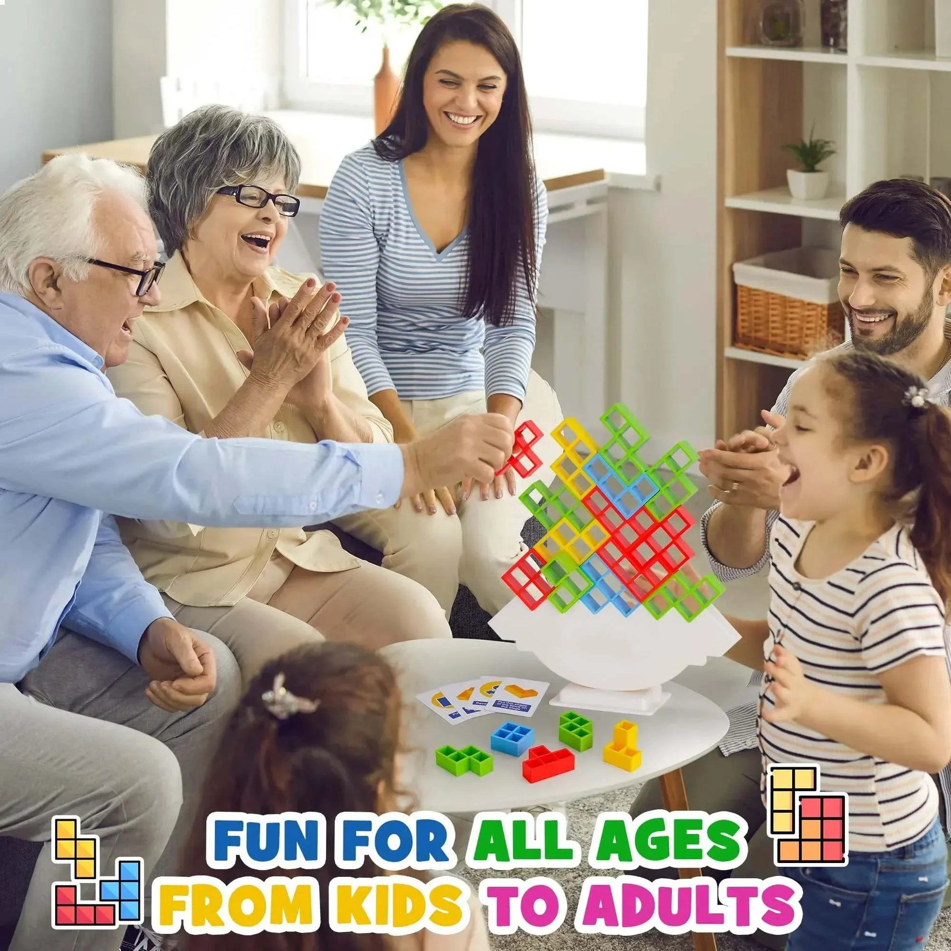 Colorful plastic blocks stacked in a balance game, perfect for kids and adults.