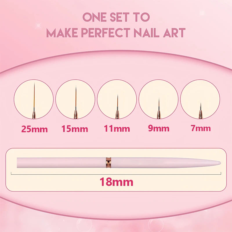 Set of five pink-handled nail art liner brushes of varying sizes displayed in a fan arrangement.