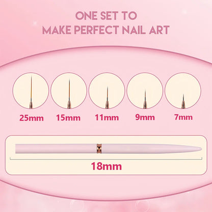 Set of five pink-handled nail art liner brushes of varying sizes displayed in a fan arrangement.