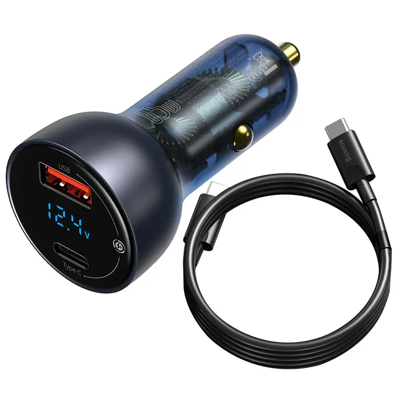 Baseus 65W dual port car charger with USB Type C and PD QC fast charging.