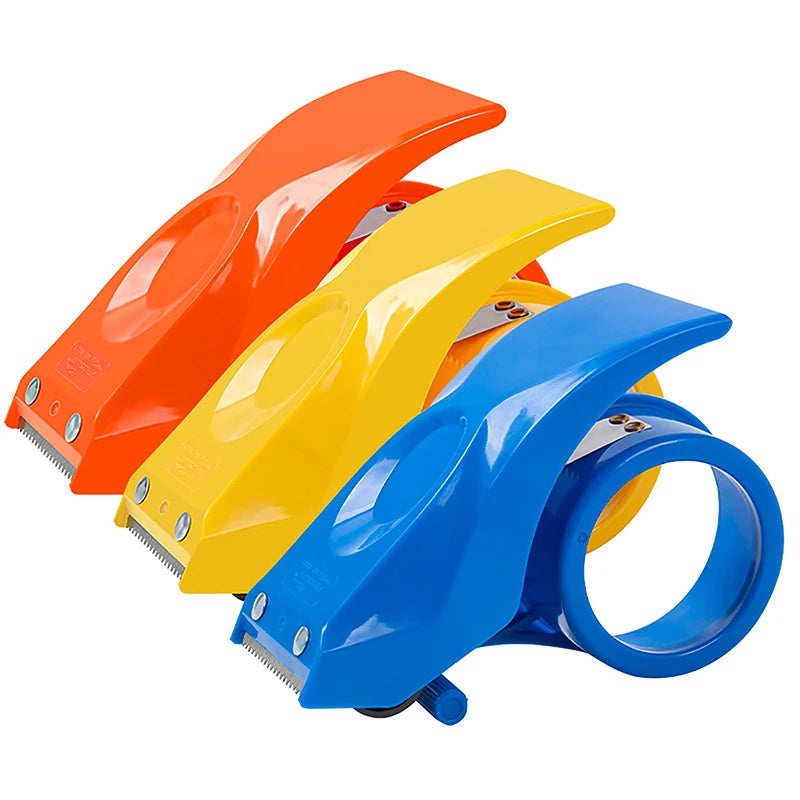 Heavy duty shipping tape dispenser with large transparent tape and built-in cutter.