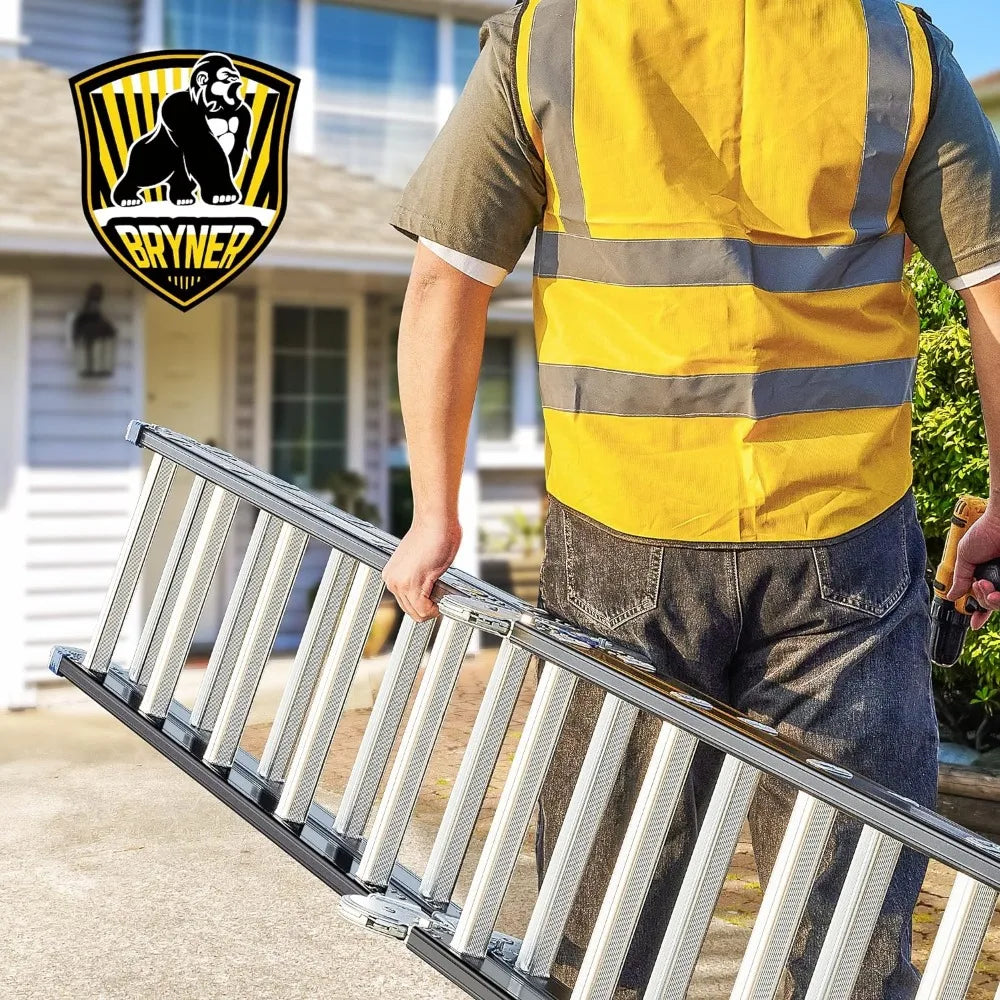 Bryner 7-in-1 folding telescoping aluminum ladder, 19.6ft, with stabilizer bars.