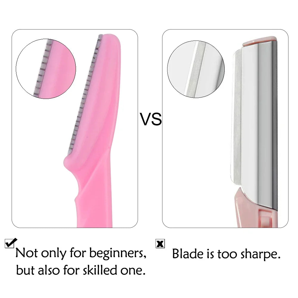 Eyebrow trimmer set in pink, yellow, blue, and black, featuring stainless steel blades and ergonomic handles. Includes 3, 4, or 10 pieces for portable grooming.