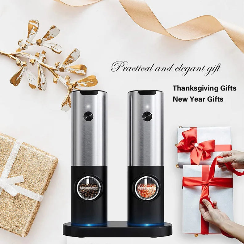 Close-up of USB rechargeable electric salt and pepper grinder set with LED light, stainless steel body, and adjustable coarseness knob. Perfect for precise seasoning in the kitchen.