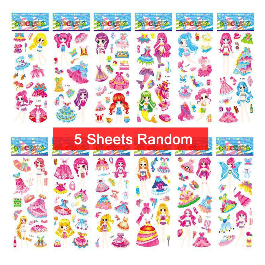 Five sheets of colorful puffy stickers featuring various cartoon designs, perfect for kids' scrapbooking and holiday gifts.